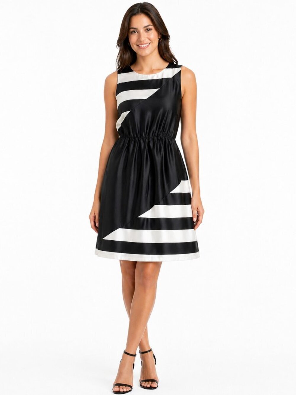 Ivy + Blu B&W Stripe Colorblock Fit & Flare Dress
